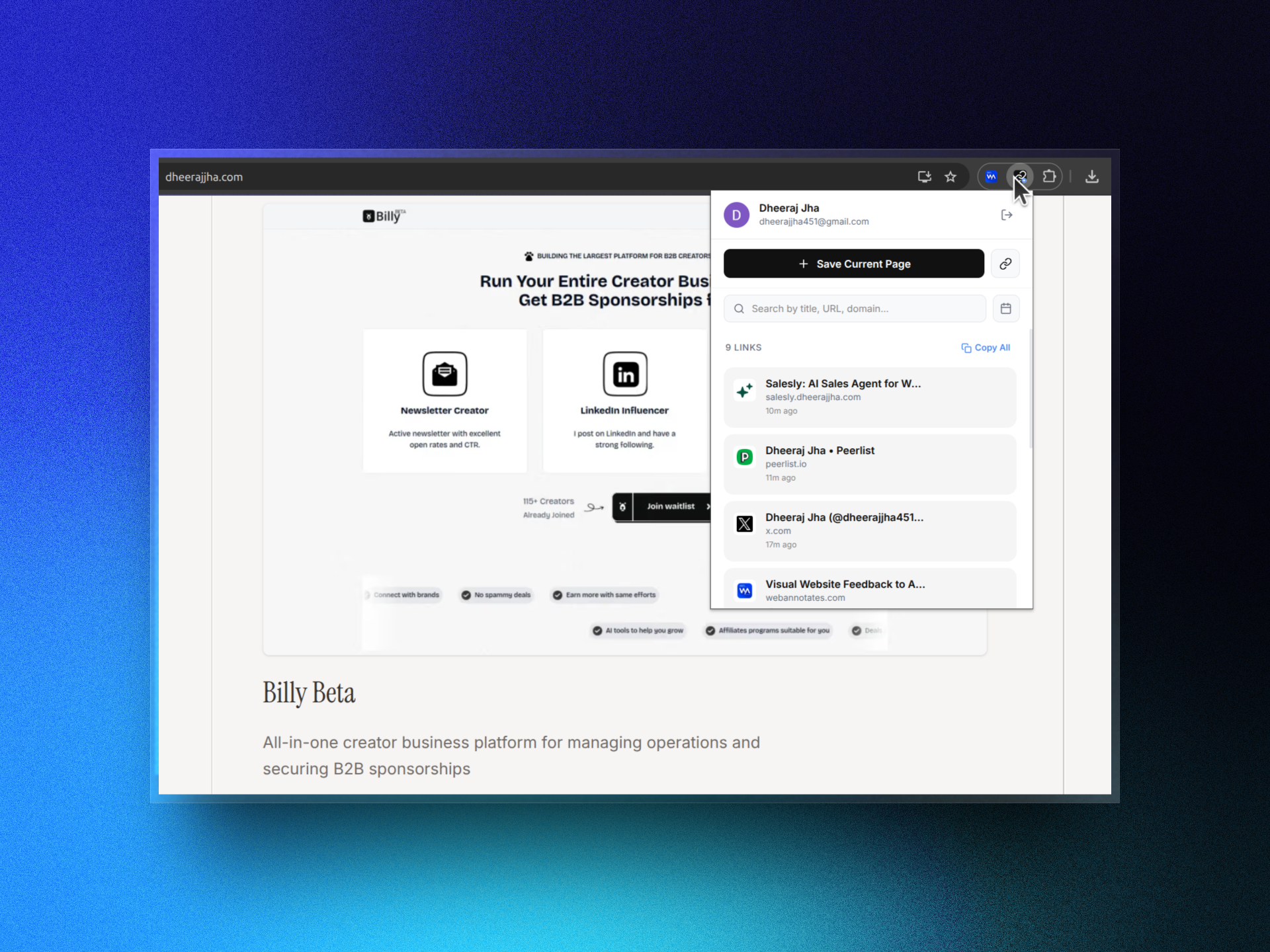 LinkSave Chrome extension preview interface